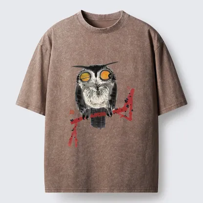 Tokyo-Tiger Ink Wash Owl On Red Branch Washed T-Shirt
