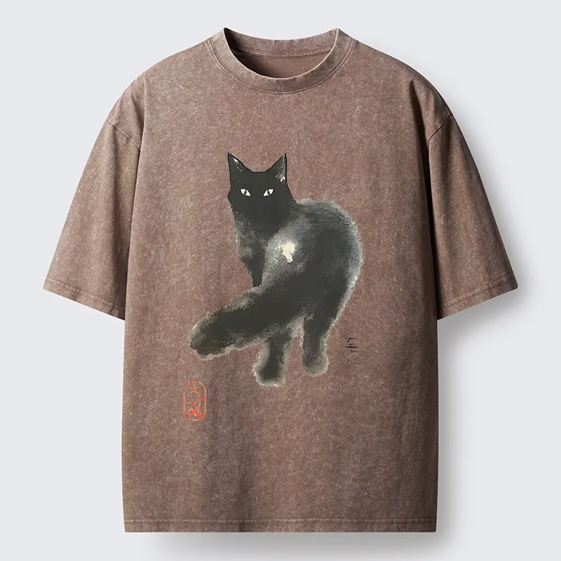 Tokyo-Tiger Black Cat Emptiness Ink Wash Washed T-Shirt
