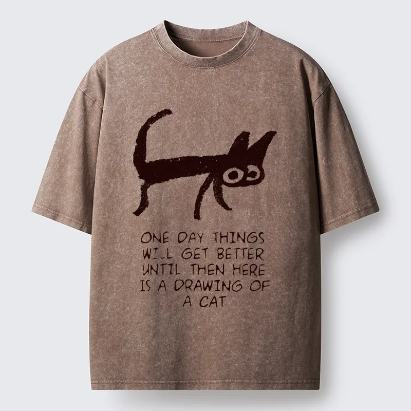 Tokyo-Tiger Cat Cheer Up Drawing Washed T-Shirt