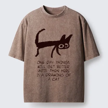 Tokyo-Tiger Cat Cheer Up Drawing Washed T-Shirt