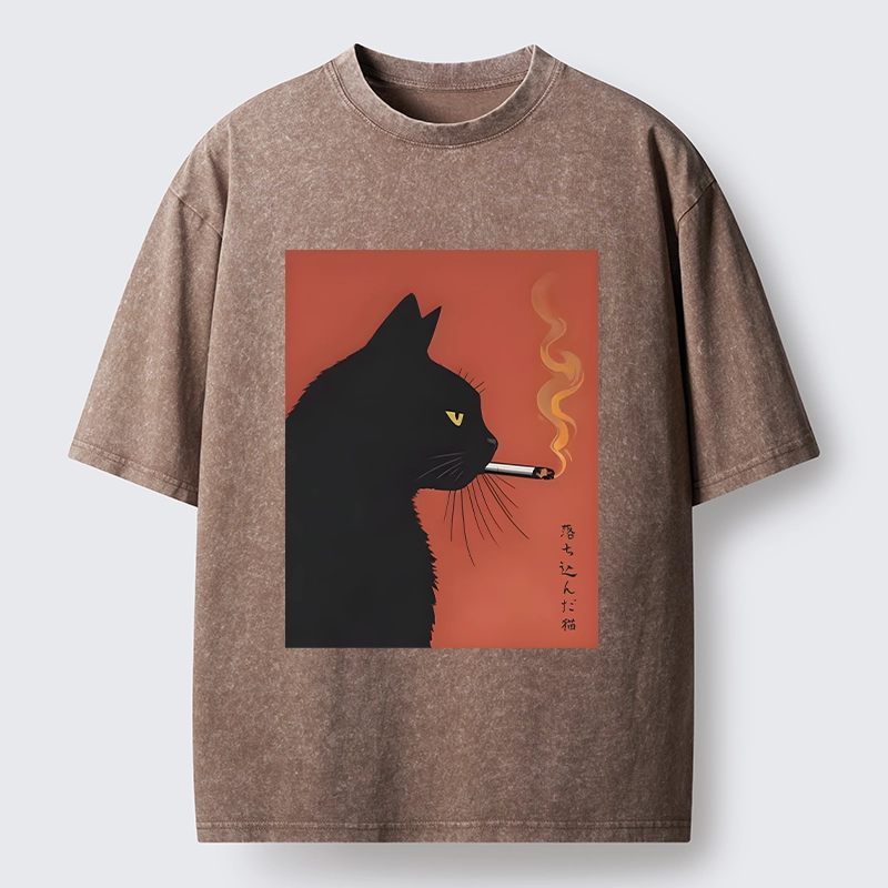 Tokyo-Tiger Black Cat With Cigarette Washed T-Shirt