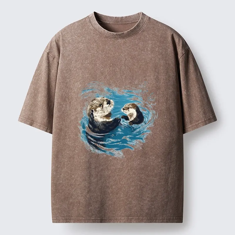Tokyo-Tiger Meme Cute Otter Pair In Water Washed T-Shirt