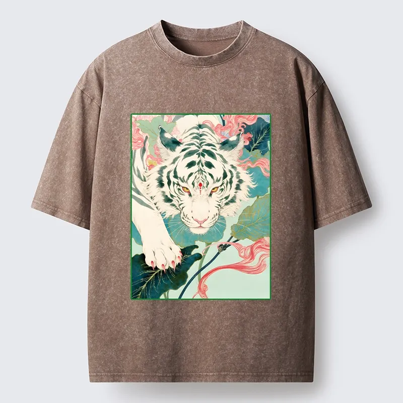 Tokyo-Tiger Oriental White Tiger Art Washed T-Shirt
