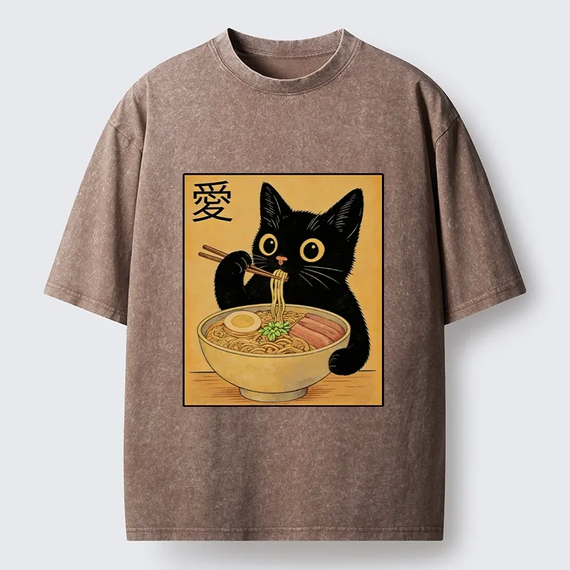 Tokyo-Tiger Cute Cat Eating Ramen Meme Washed T-Shirt