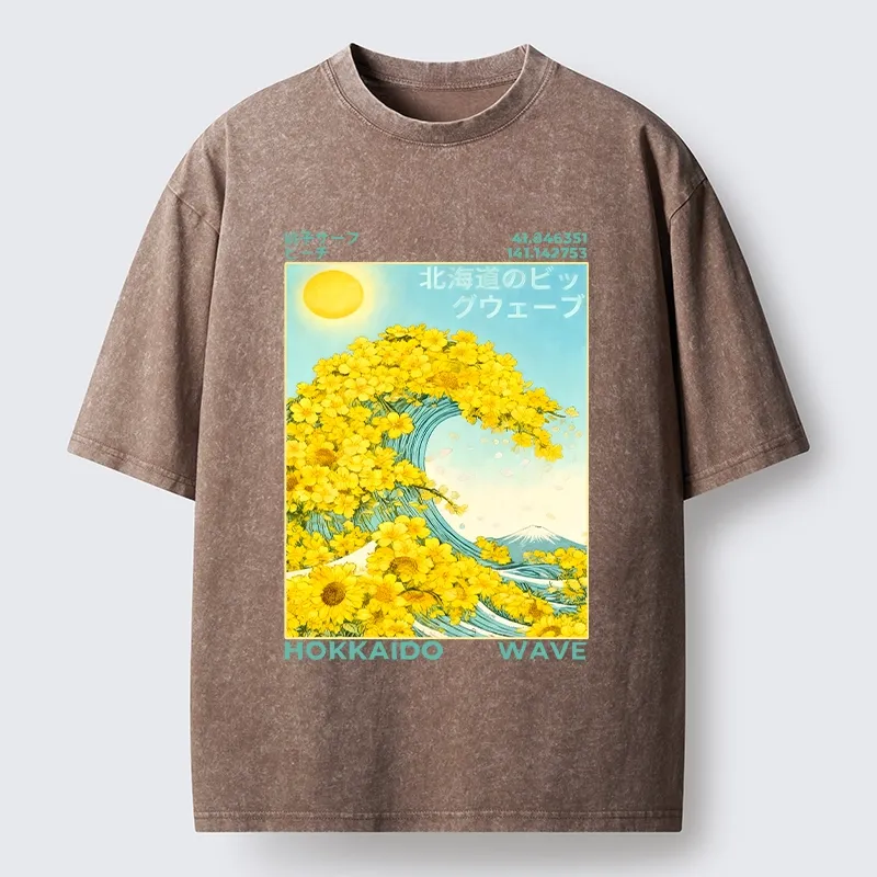 Tokyo-Tiger Sunny Yellow Flower Wave Art Washed T-Shirt