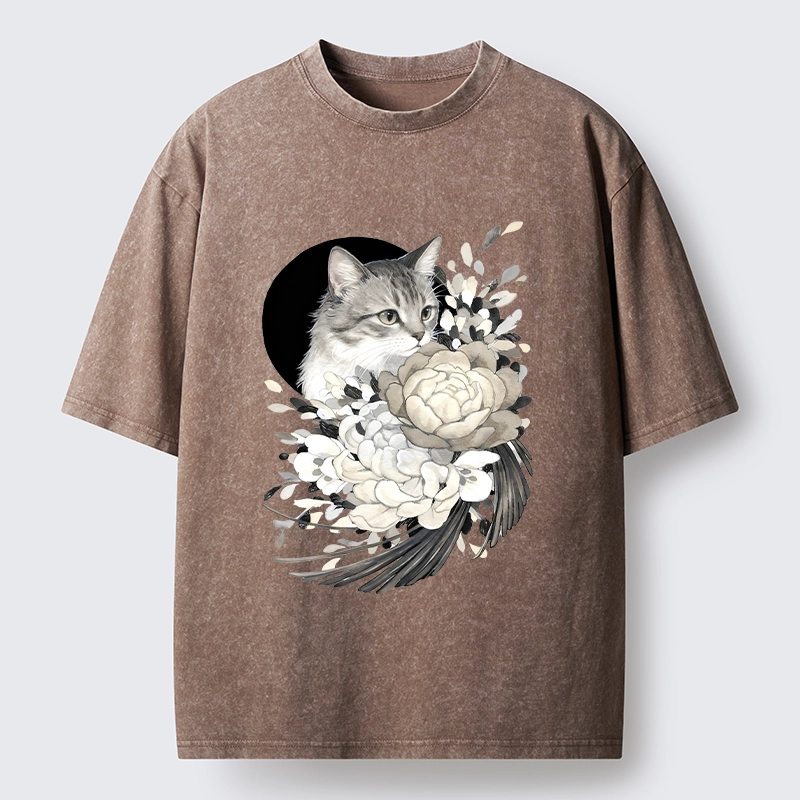 Tokyo-Tiger Graceful Cat In Floral Bouquet Washed T-Shirt