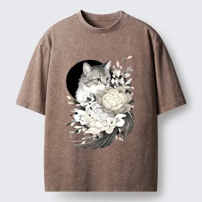 Tokyo-Tiger Graceful Cat In Floral Bouquet Washed T-Shirt