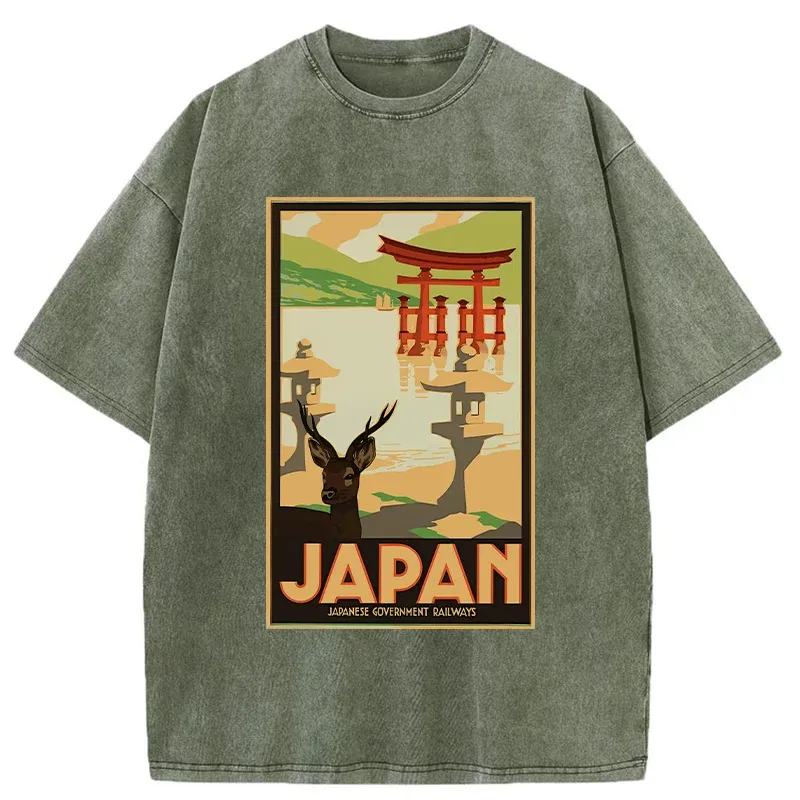 Tokyo-Tiger Japanese Deer And Scenery Washed T-Shirt