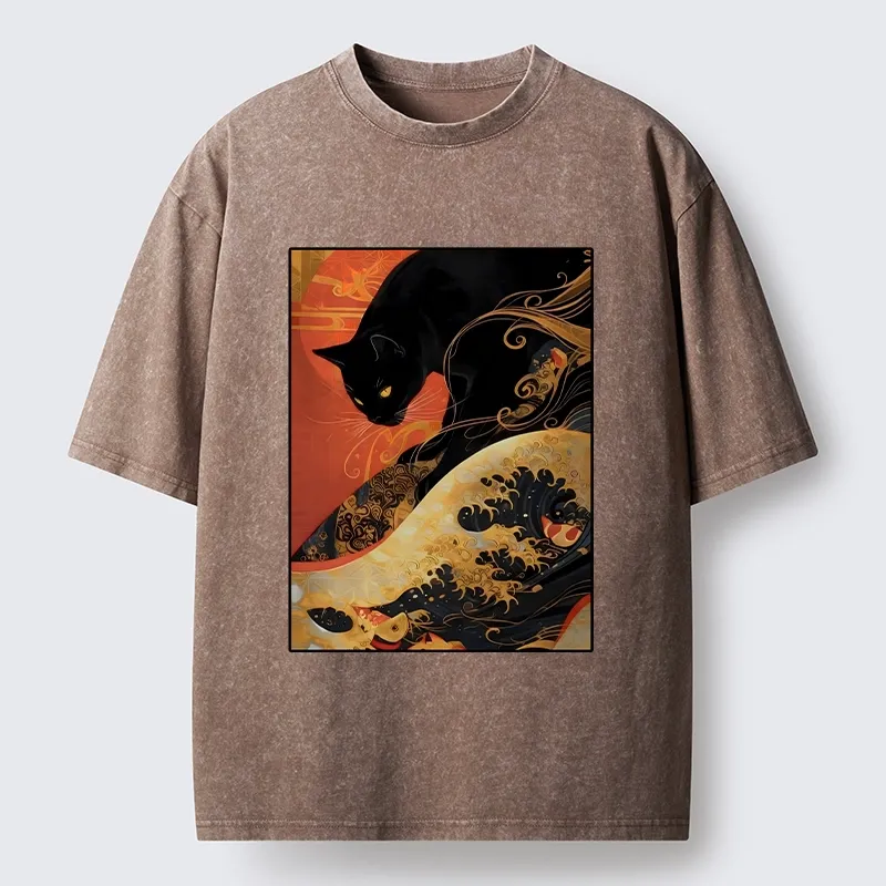 Tokyo-Tiger Japanese Style Black Cat Washed T-Shirt