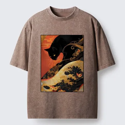 Tokyo-Tiger Japanese Style Black Cat Washed T-Shirt