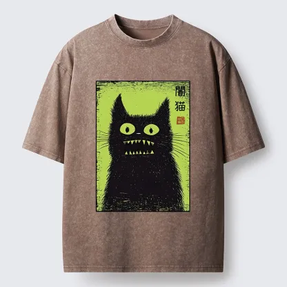 Tokyo-Tiger Spooky Black Cat Japanese Washed T-Shirt