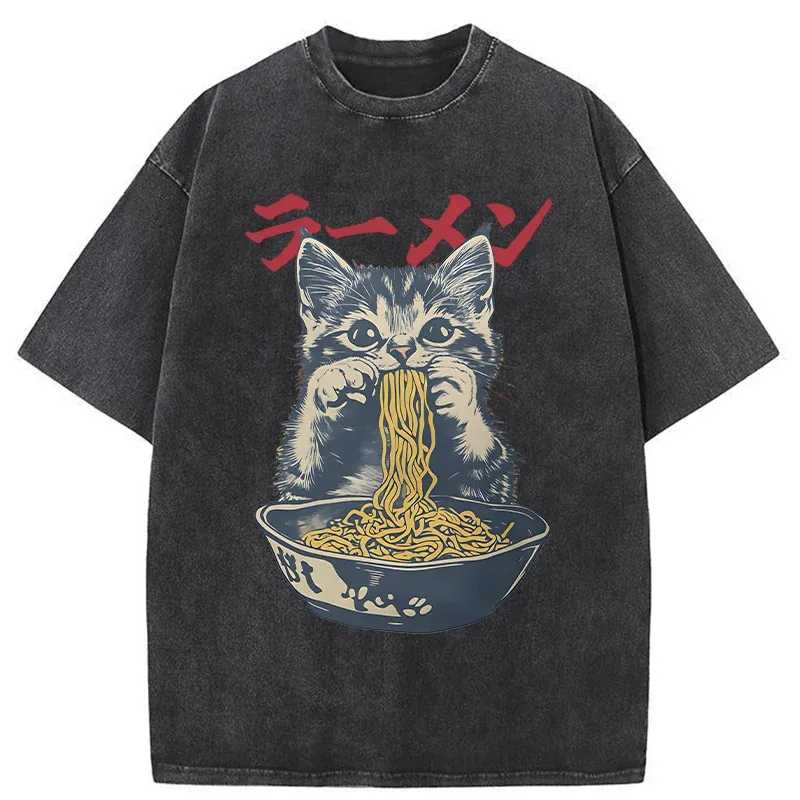 Tokyo-Tiger Cute Cat Is Eating Ramen Washed T-Shirt