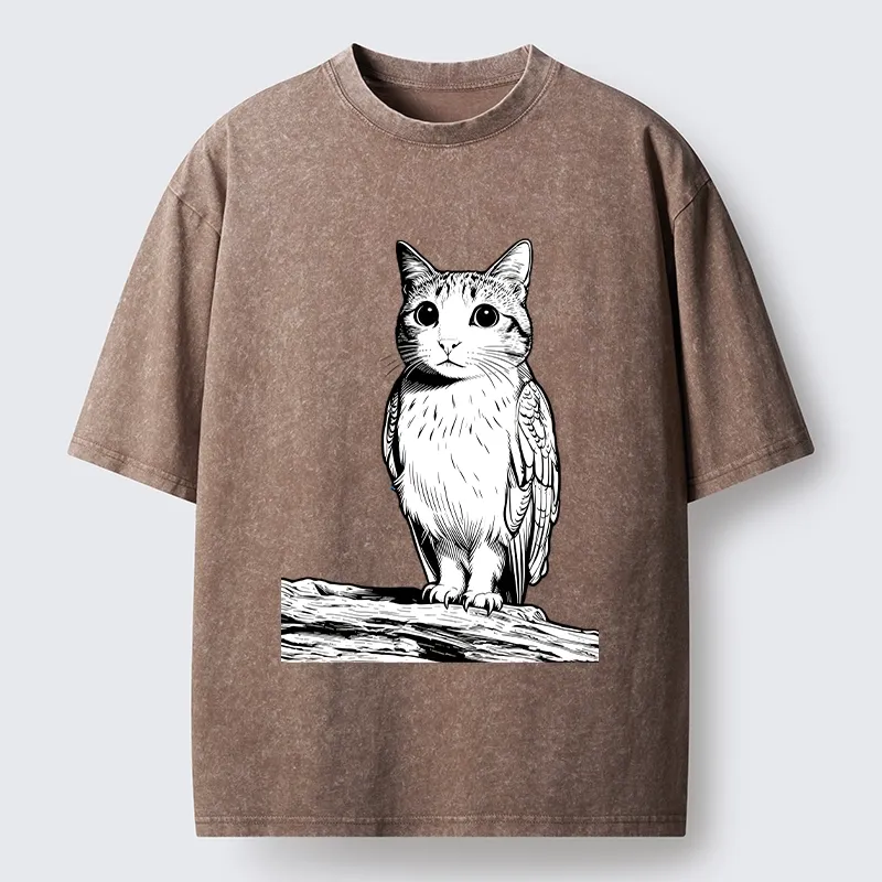 Tokyo-Tiger Funny Cat Owl Fusion Art Washed T-Shirt