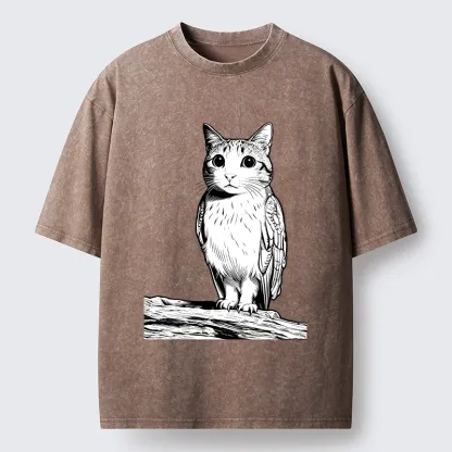 Tokyo-Tiger Funny Cat Owl Fusion Art Washed T-Shirt