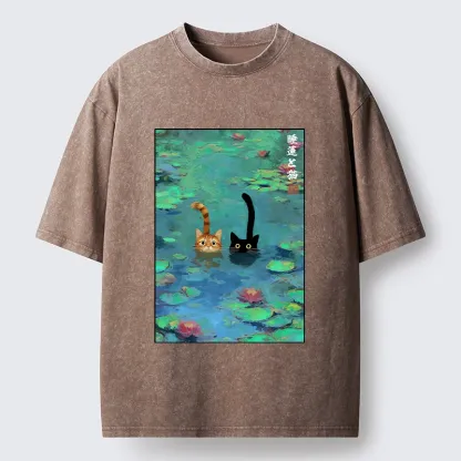 Tokyo-Tiger Funny Cats Swimming In Lilies Washed T-Shirt