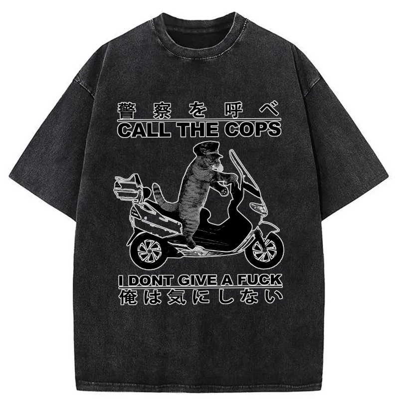 Tokyo-Tiger Funny Cat Riding Electric Bike Washed T-Shirt