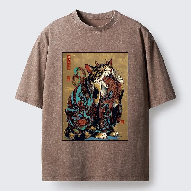 Tokyo-Tiger Samurai Cat Eating Fish Washed T-Shirt