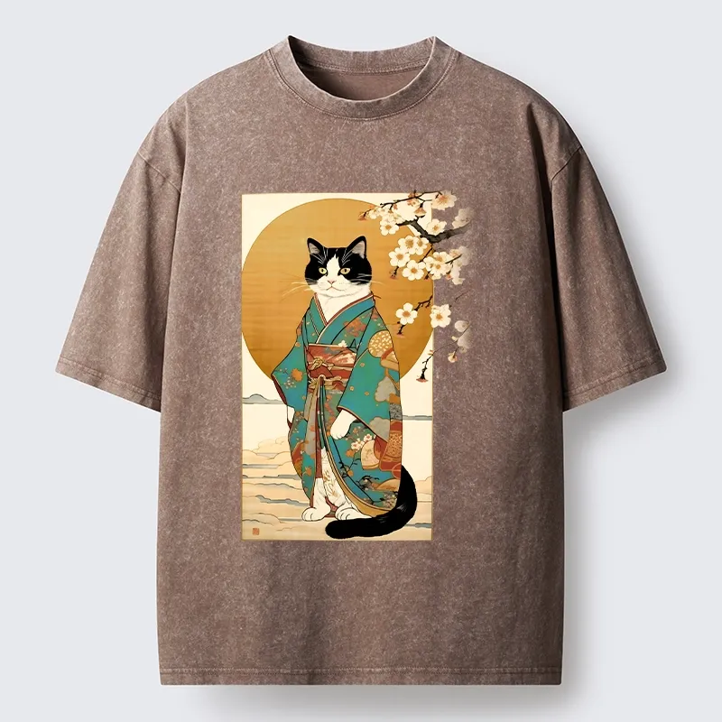 Tokyo-Tiger Elegant Cat In Traditional Kimono Washed T-Shirt