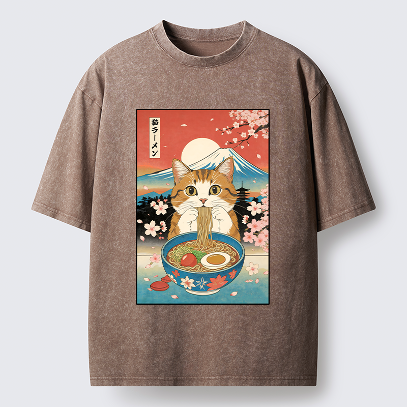 Tokyo-Tiger Orange Cat Eating Ramen Washed T-Shirt