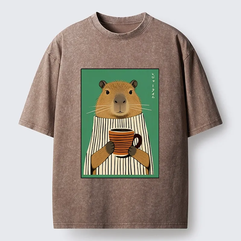 Tokyo-Tiger Capybara Coffee Time Washed T-Shirt