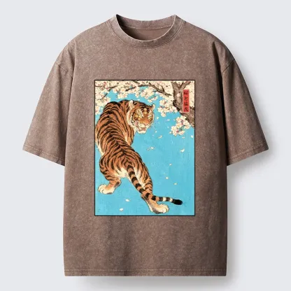 Tokyo-Tiger Fierce Tiger And Sakura Petals Washed T-Shirt