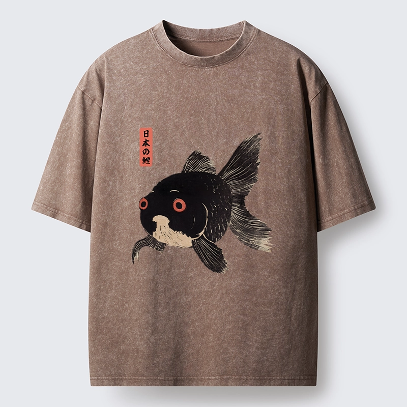 Tokyo-Tiger Japanese Black Goldfish Art Washed T-Shirt