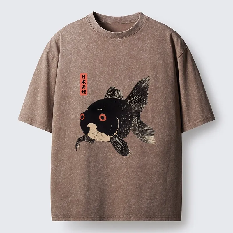 Tokyo-Tiger Japanese Black Goldfish Art Washed T-Shirt