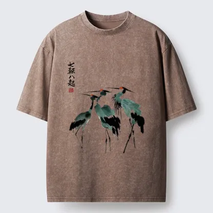 Tokyo-Tiger Spirited Up Cranes Ink Painting Washed T-Shirt