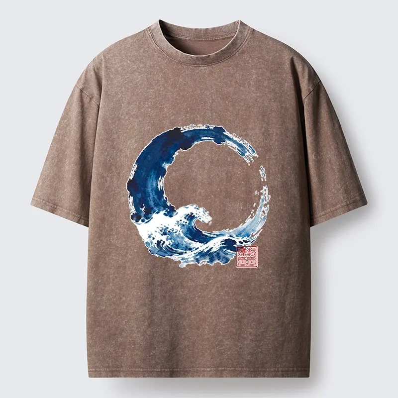 Tokyo-Tiger Zen Circle Blue Wave Art Washed T-Shirt Sale