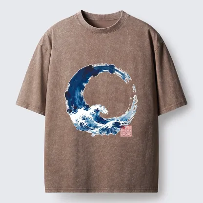 Tokyo-Tiger Zen Circle Blue Wave Art Washed T-Shirt