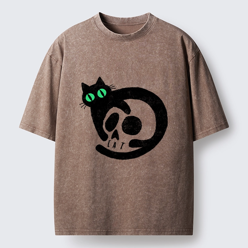 Tokyo-Tiger Spooky Black Cat Skull Meme Washed T-Shirt