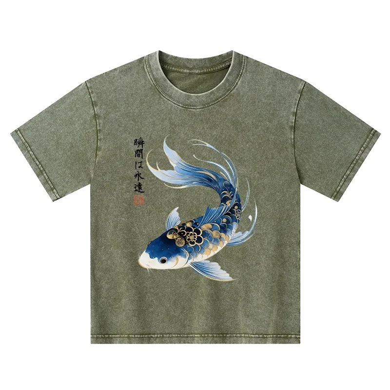 Tokyo-Tiger Elegant Koi Fish Watercolor Art Kids Washed T-Shirt