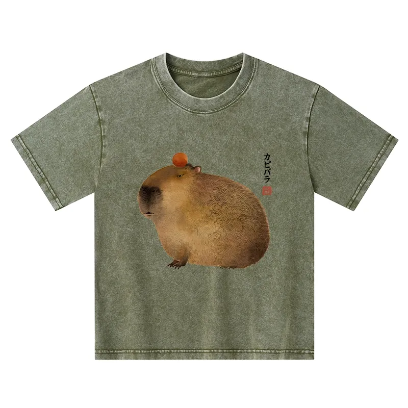 Tokyo-Tiger Calm Capybara Illustrations Kids Washed T-Shirt
