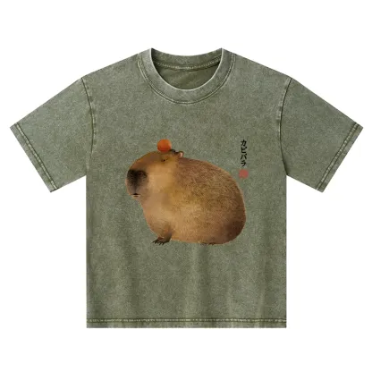 Tokyo-Tiger Calm Capybara Illustrations Kids Washed T-Shirt
