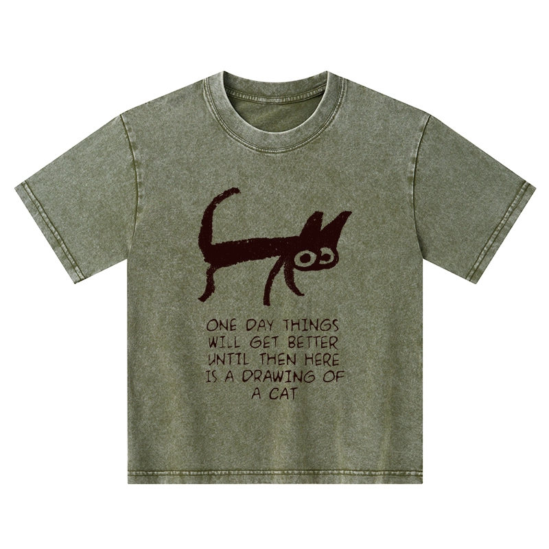 Tokyo-Tiger Cat Cheer Up Drawing Kids Washed T-Shirt