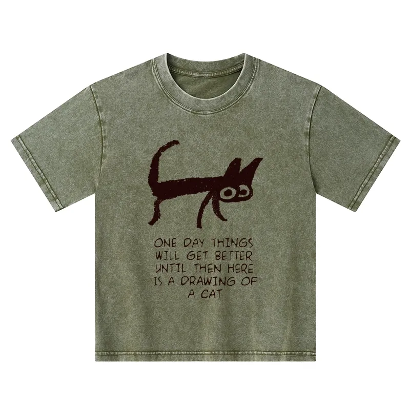 Tokyo-Tiger Cat Cheer Up Drawing Kids Washed T-Shirt