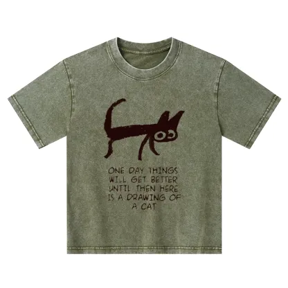 Tokyo-Tiger Cat Cheer Up Drawing Kids Washed T-Shirt