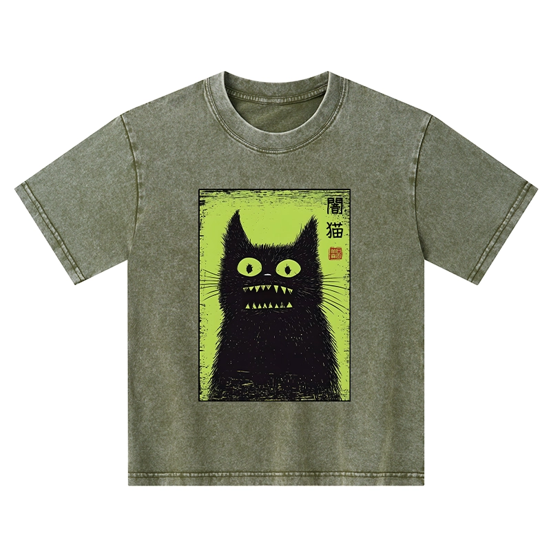 Tokyo-Tiger Spooky Black Cat Japanese Kids Washed T-Shirt