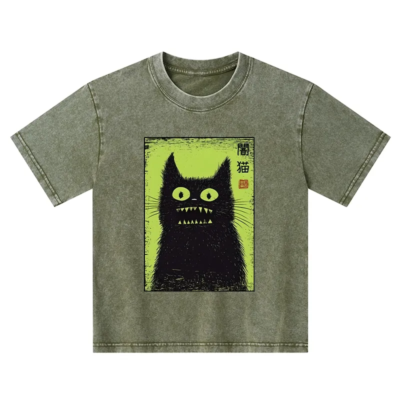Tokyo-Tiger Spooky Black Cat Japanese Kids Washed T-Shirt
