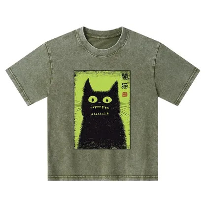 Tokyo-Tiger Spooky Black Cat Japanese Kids Washed T-Shirt
