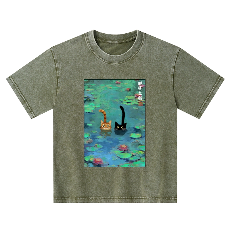 Tokyo-Tiger Funny Cats Swimming In Lilies Kids Washed T-Shirt