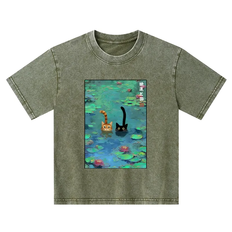 Tokyo-Tiger Funny Cats Swimming In Lilies Kids Washed T-Shirt