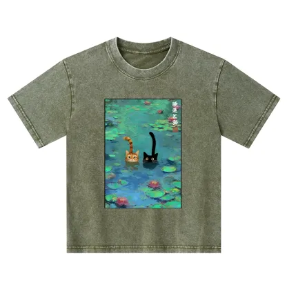 Tokyo-Tiger Funny Cats Swimming In Lilies Kids Washed T-Shirt