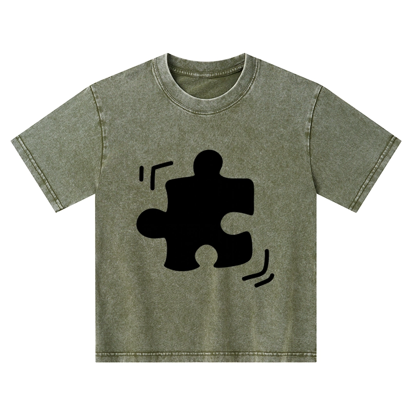 Tokyo-Tiger Black Puzzle Piece Kids Washed T-Shirt