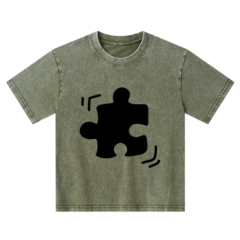 Tokyo-Tiger Black Puzzle Piece Kids Washed T-Shirt