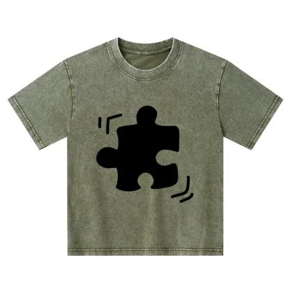 Tokyo-Tiger Black Puzzle Piece Kids Washed T-Shirt
