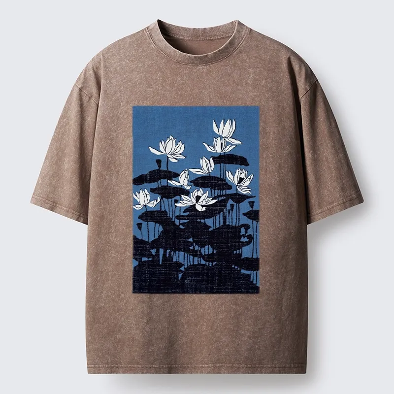 Tokyo-Tiger Blue Lotus Japanese Art Washed T-Shirt