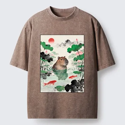 Tokyo-Tiger Chill Capybara In Water Washed T-Shirt