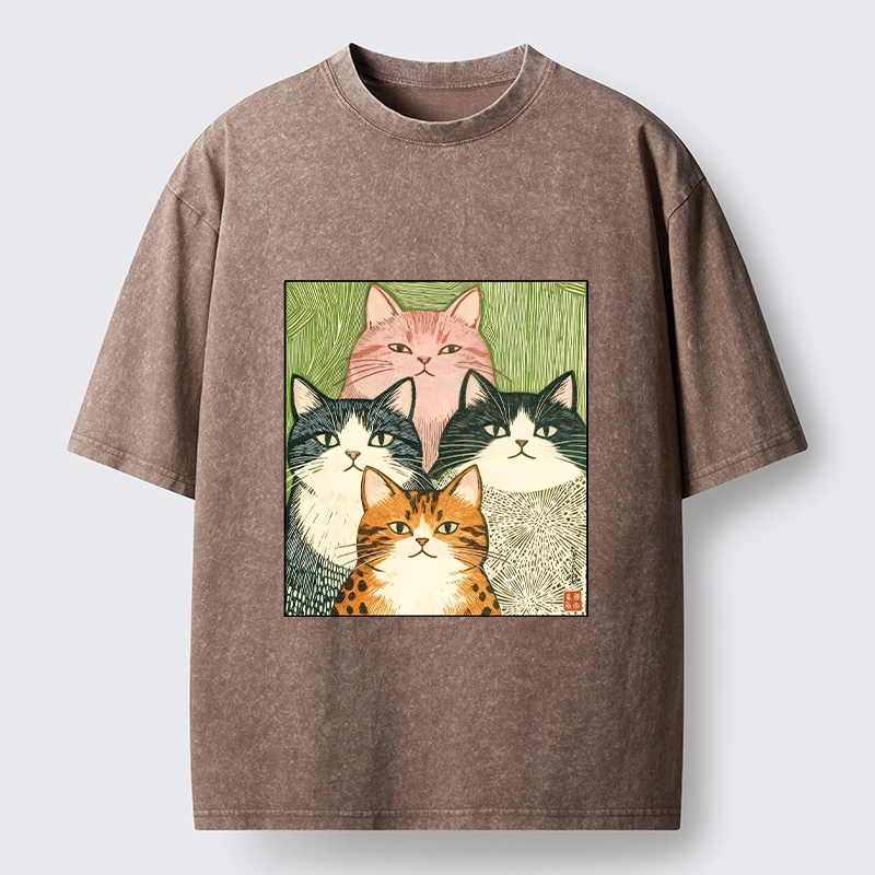 Tokyo-Tiger Funny Cat Squad Washed T-Shirt
