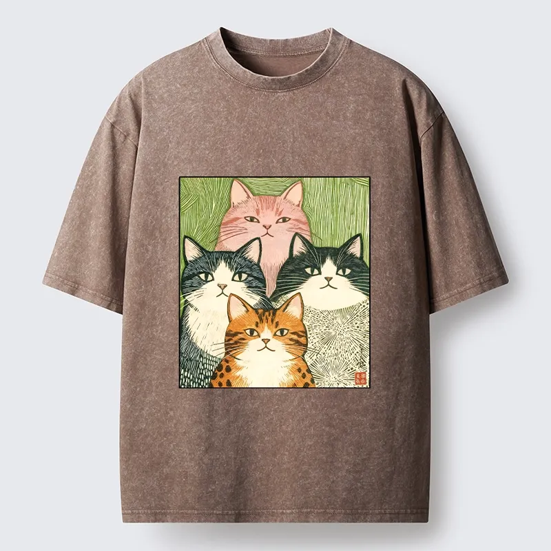 Tokyo-Tiger Funny Cat Squad Washed T-Shirt